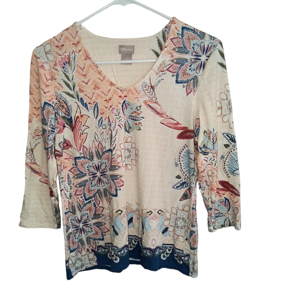 Chico's 3 Border Floral 3/4 Sleeve Jersey Knit Top Size 0 (US Size S)